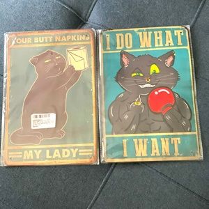 Funny, retro, tin cat signs.